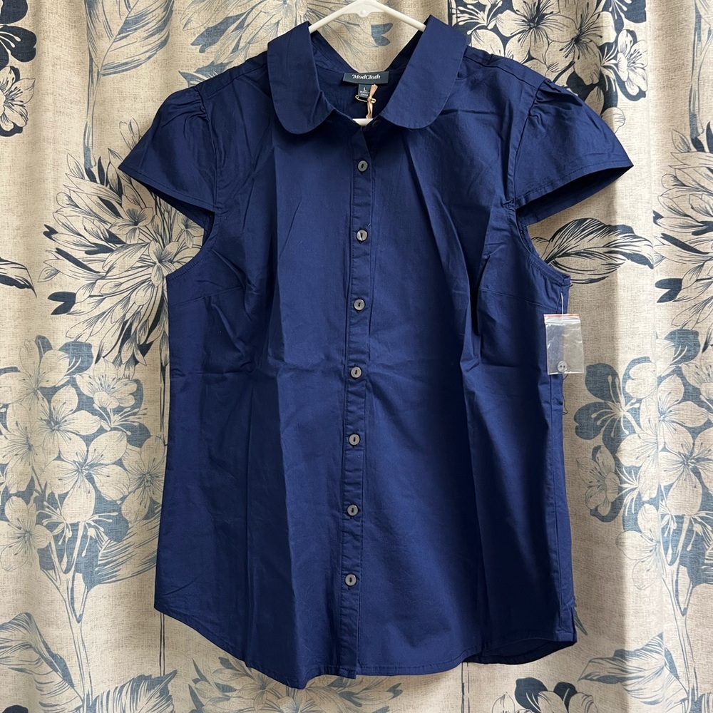 💙 ModCloth Navy Blouse with Cap Sleeves Sz L 🆕